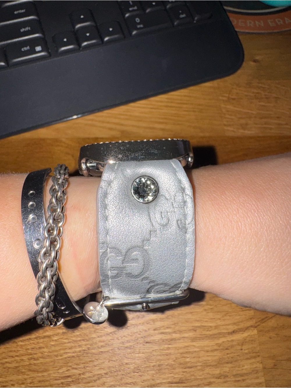 Designer Gucci Embossed Leather Watch Strap - Gray